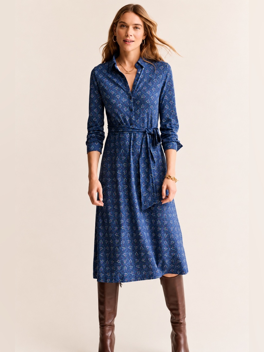 Boden Laura Jersey Shirt Dress US 12 Long Floral Long Sleeve Belted Midi Cottage